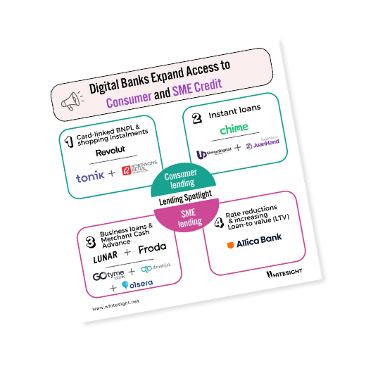 Infographic showing digital banks expanding credit access through various lending options like BNPL, instant loans, business loans, and rate reductions.
