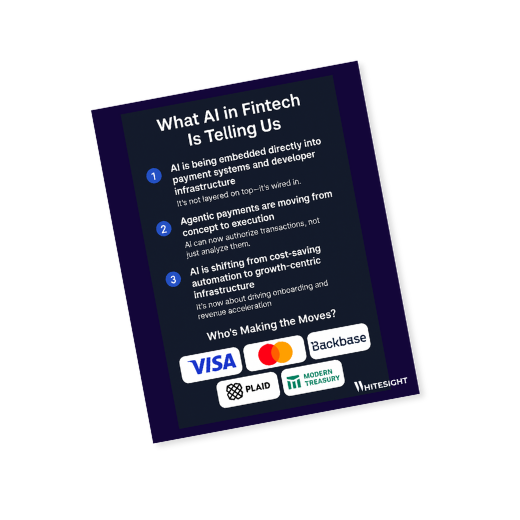 Infographic titled "What AI in Fintech Is Telling Us" highlighting trends like embedded AI in payments, agentic payments, and a shift to growth-centric infrastructure, featuring logos of Visa, Mastercard, Backbase, Plaid, and Modern Treasury.