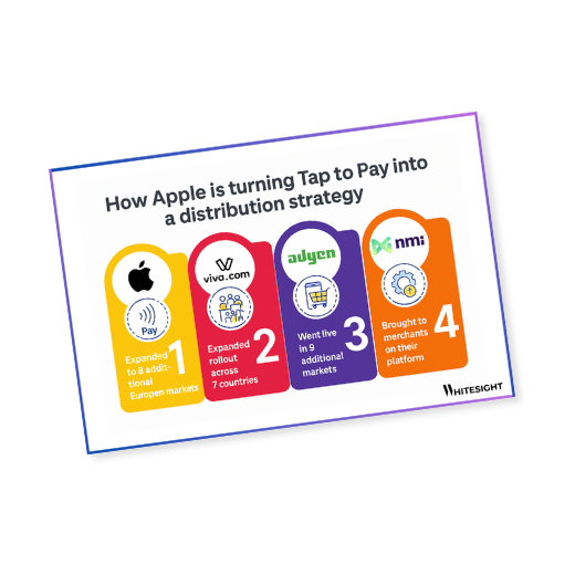 Infographic detailing Apple's Tap to Pay global expansion and its impact on distribution strategy, featuring logos of Apple, Vivo, Adyen, and NMI.