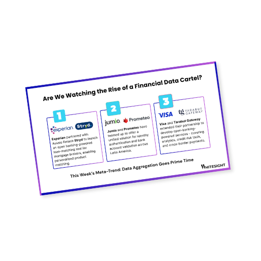 Infographic outlining three key partnerships (Experian-Stryd, Jumio-Prometeo, Visa-Tarabut Gateway) driving the trend of financial data aggregation and open banking.