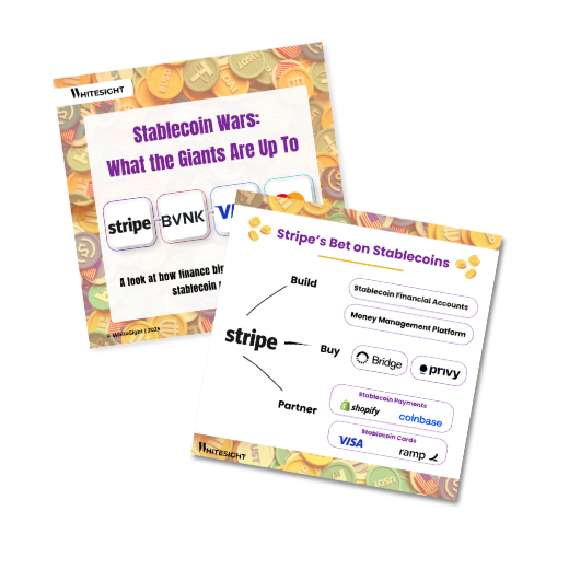 Infographic showing the stablecoin strategies of Stripe, BVNK, Visa, and Mastercard.