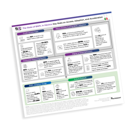 Infographic detailing the State of BNPL in Mexico, showing credit access gaps, macro drivers, consumer financing reality, digital and retail behaviors, BNPL adoption surge, and future outlook with key statistics.
