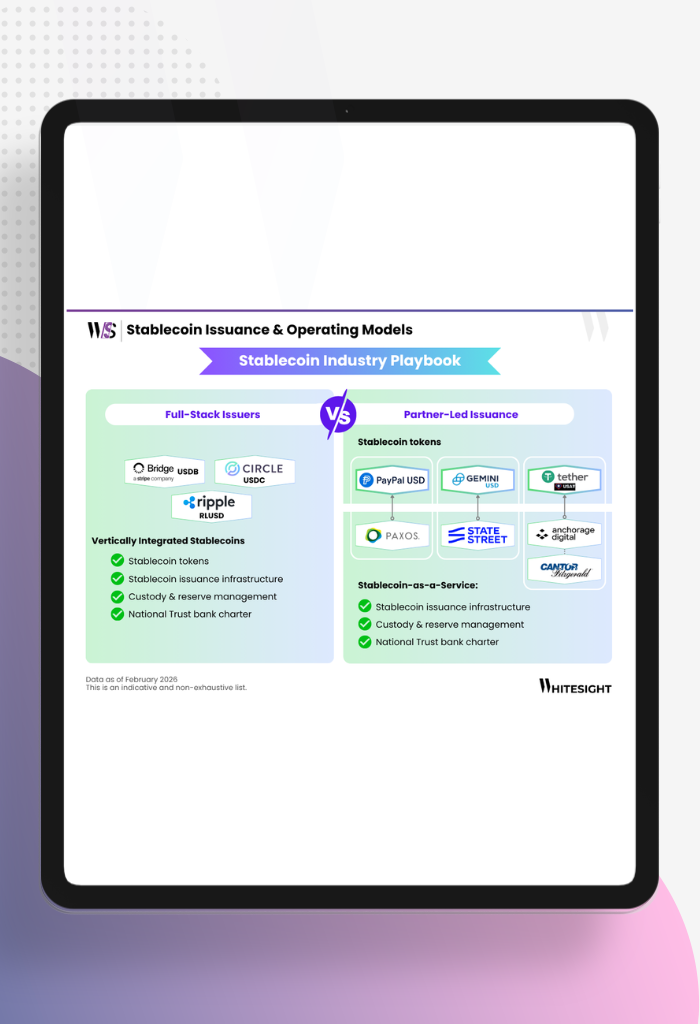 An infographic titled "Stablecoin Issuance & Operating Models" comparing vertically integrated full-stack issuers like Circle (USDC) and Ripple (RLUSD) with partner-led "Stablecoin-as-a-Service" models involving Paxos, State Street, and Anchorage Digital.